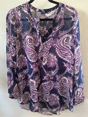 Lucky Brand Navy Sheer Blouse with Purple Paisley